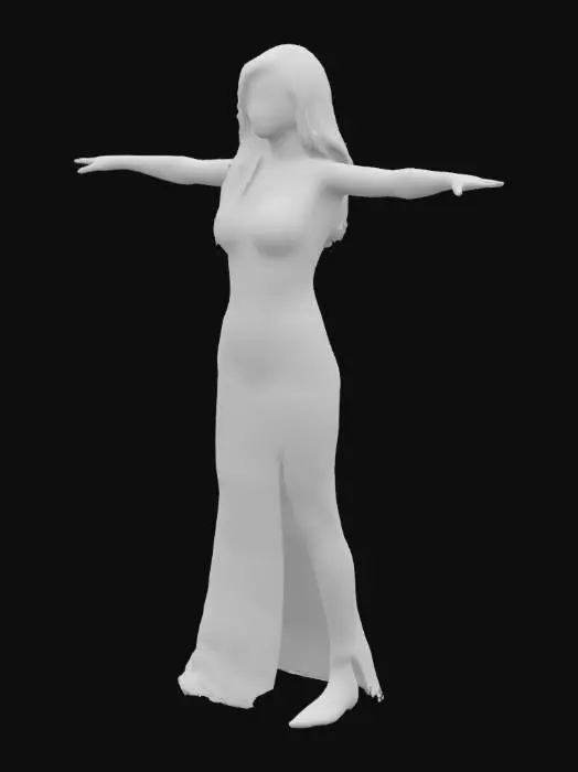 3D model for a female, T pose, wearing extremely tight bodycon maxi lenth and heels, slim and curvy body ,HDRP, detailed long hair and face, 
 