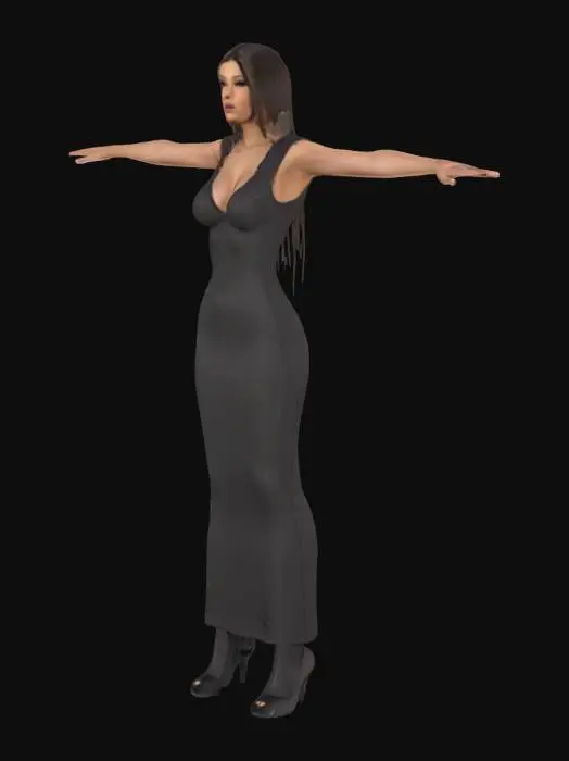 3D model for a female, T pose, wearing extremely tight bodycon maxi lenth and heels, slim and curvy body ,HDRP, detailed long hair and face, 
 