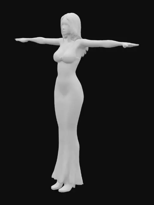 3D model for a female, T pose, wearing extremely tight bodycon maxi lenth and heels, slim and curvy body ,HDRP, detailed long hair and face, 
 