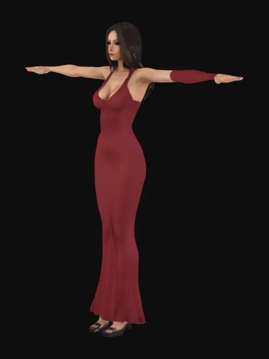 3D model for a female, T pose, wearing extremely tight bodycon maxi lenth and heels, slim and curvy body ,HDRP, detailed long hair and face, 
 