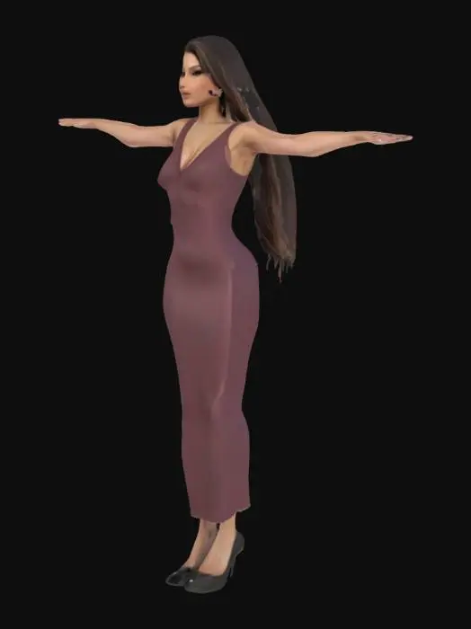 3D model for a female, T pose, wearing extremely tight bodycon maxi lenth and heels, slim and curvy body ,HDRP, detailed long hair and face, 
 