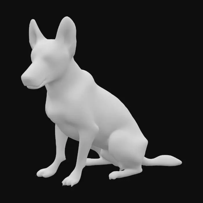 3D model for Blue Heeler sentado con postura atenta. Cuerpo compacto, musculoso y proporcionado. Cabeza ancha, ligeramente redondeada entre las orejas. Hocico fuerte, con stop marcado y trufa negra. Orejas erguidas en forma de triángulo, ligeramente orientadas hacia los lados. Ojos almendrados, medianos, con mirada vivaz y alerta. Mandíbula firme, sin sobresalir. Cuello corto y robusto. Pecho amplio. Patas delanteras rectas, con las traseras flexionadas por la posición de sentado. Cola baja, ligeramente curva hacia un lado. La simetría del cuerpo y el detalle anatómico deben destacarse para facilitar el modelado tridimensional.
