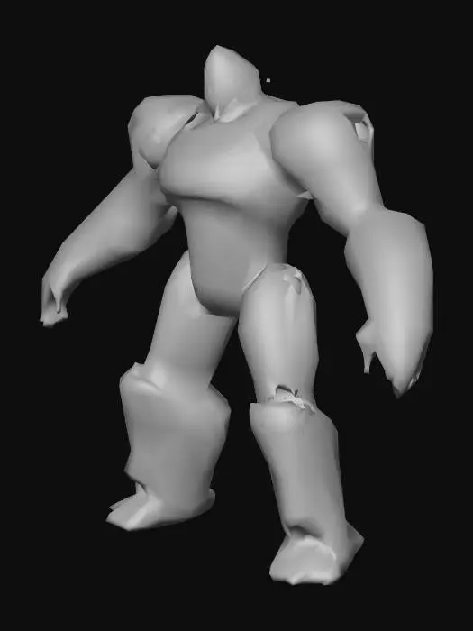 3D model for 3D stylized low-poly tank character themed around lag, heavy armor with intentionally offset and clipping plates, big chest emblem shaped like a loading wheel, thick boots, slow bulky silhouette, sleepy determined expression, blue and gray color palette with pixel cracks, cartoon proportions, PBR stylized materials, game-ready, full body, relaxed A-pose, no weapons, no shield, plain background