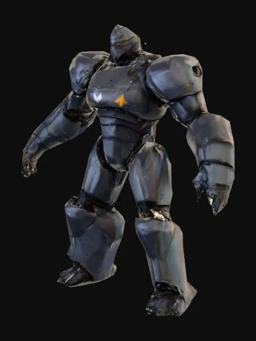 3D model for 3D stylized low-poly tank character themed around lag, heavy armor with intentionally offset and clipping plates, big chest emblem shaped like a loading wheel, thick boots, slow bulky silhouette, sleepy determined expression, blue and gray color palette with pixel cracks, cartoon proportions, PBR stylized materials, game-ready, full body, relaxed A-pose, no weapons, no shield, plain background