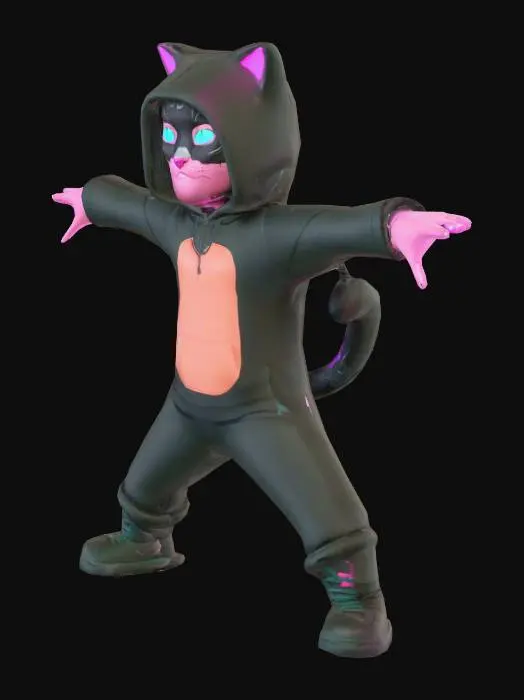 3D model for 3D stylized low-poly kid hero inspired by cat laser memes, hoodie with glowing neon cat icon, hoodie has cat ears, big gaming headphones, shorts and sneakers, bright pink and cyan palette, excited happy expression, slim cartoon body, PBR materials, game-ready, full body, neutral A-pose, hands empty, no gadgets, simple background
