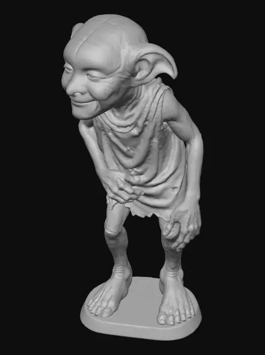 3D model for create an image of the figure of Dobby the Elf  from the Harry Potter Series superimposing the reference image over Dobby's face. The image will be used to create a 3D Model of 'Dobby' so in creating the image, remove any background, consider ways to minimize overhang and reduce supports when the model is created and 3D Printed