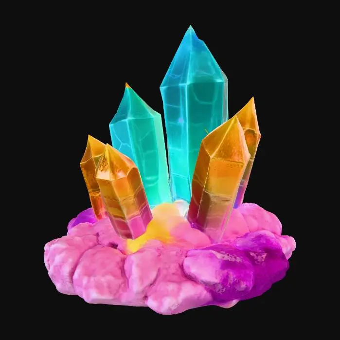 3D model for Highly detailed 3D model of a cluster of fantasy crystals emerging from a rocky base. The crystals have elegant elongated faceted shapes with irregular growth patterns, glowing inner energy and semi-transparent material. Use a magical fairy-tale style with subtle bioluminescent veins inside the crystals. Add soft color gradients (turquoise, amethyst, gold), light scattering, micro scratches on the facets, and PBR materials (albedo, roughness, normal, emission). Stylized yet realistic rendering, sharp silhouettes, gem-like refractive surfaces, magical atmosphere