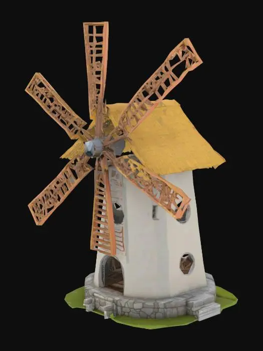 3D model for düşük poligon olacak şekilde bir yel değirmeni oluşturmanı istiyorum, kaplamaları gerçekçi olabilir, unity oyun motorunda kullanacağım, izometrik bir açıdan estetik görünmesini istiyorum