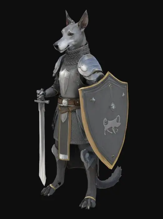 3D model for A humanoid Greyhound Knight from fantasy medieval times, detailed game character. Wearing chainmail. Grey fur. Realistic Art style