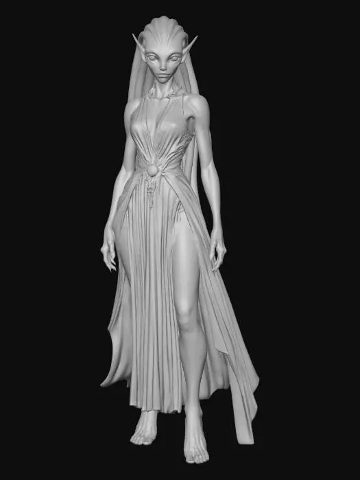 3D model for real, Alien, weiblich, schlank, humanoid, ärmellose hellblaue Robe, hellorange Hautfarbe,