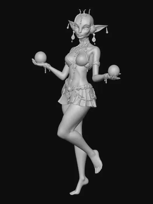 3D model for real, Alien, weiblich, blauen Bikini und kurzen Rock, verzierter Gürtel und Halskette, hellblaue Hautfarbe, blauschimmernde Perle in beiden Händen