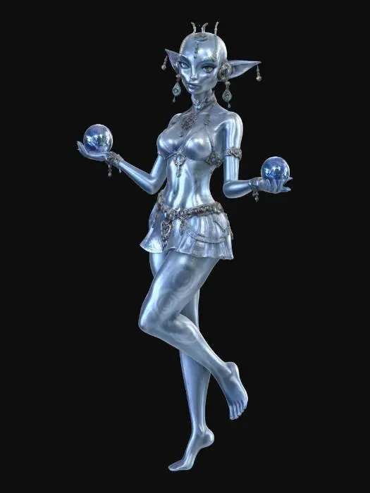 3D model for real, Alien, weiblich, blauen Bikini und kurzen Rock, verzierter Gürtel und Halskette, hellblaue Hautfarbe, blauschimmernde Perle in beiden Händen
