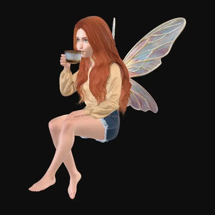 3D model for real, Wiese mit bunten Blumen, eine junge Fee mit langen roten Haaren sitzt auf eine Holzbank und trinkt entspannt einen Becher mit Kaffee, kurze Jeanshose, goldene Bluse
