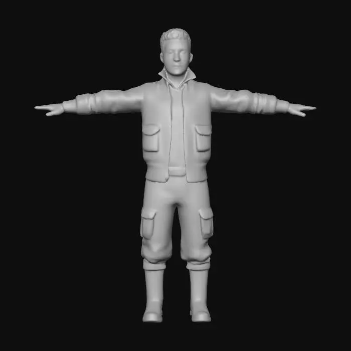 3D model for A young male settler wearing a buttoned 1950s bomber jacket over a long-sleeve shirt, fitted utility pants, rugged boots, and dark gloves. Clean silhouette, worn retro-future materials. Post-nuclear civilian clothing, stylized realistic 3D asset. Black gloves