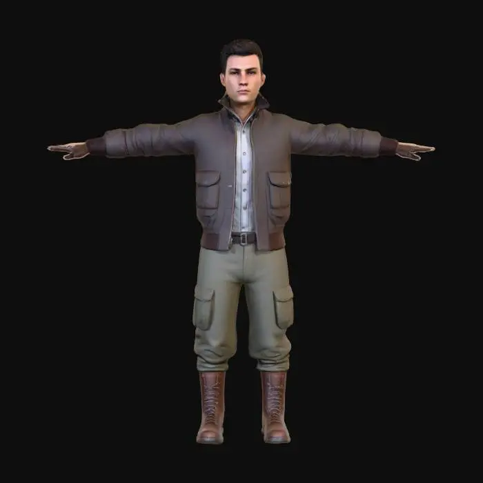 3D model for A young male settler wearing a buttoned 1950s bomber jacket over a long-sleeve shirt, fitted utility pants, rugged boots, and dark gloves. Clean silhouette, worn retro-future materials. Post-nuclear civilian clothing, stylized realistic 3D asset. Black gloves
