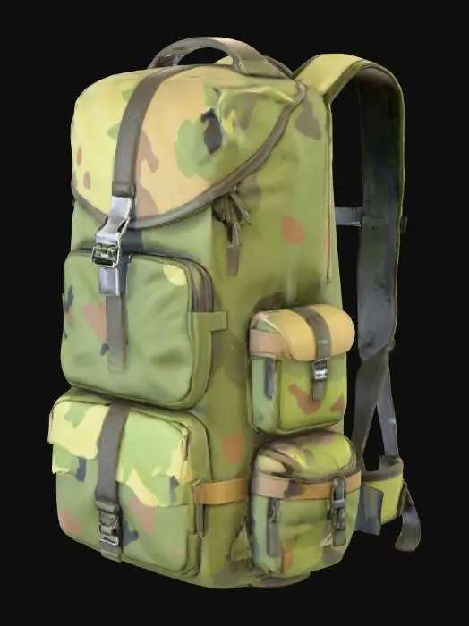 3D model for Mochila de aventureiro cheia de bolbosos com varias cores camufladas