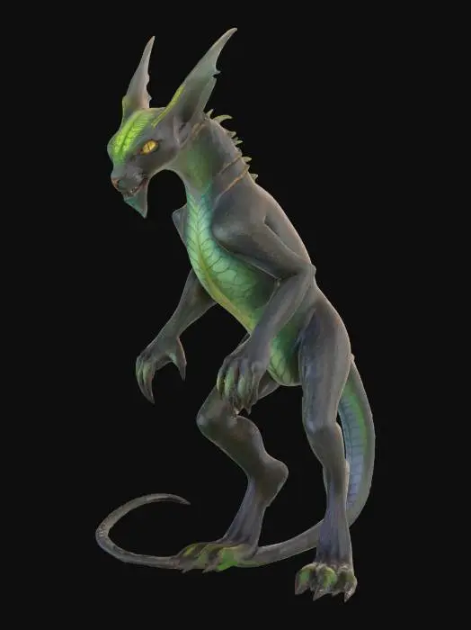 3D model for Design a realistic fantasy creature blending features of a jungle cat, a dragon, and an alien insect. Its body is covered in textured scales and bioluminescent veins. Built for stealth and deadly precision, with a sleek yet powerful form. Ideal for a dark, grounded fantasy world