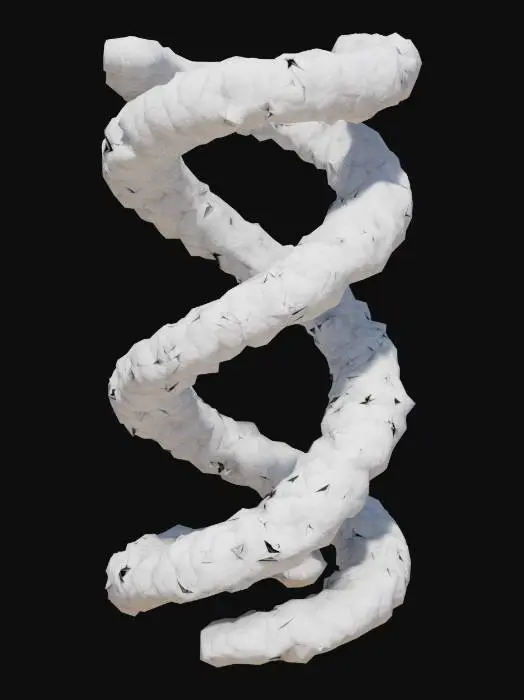 3D model for A structure similar to DNA, only more complex, twisted multiple times. Viewed from the front and back, it forms an eight in profile. From other angles, only an indefinable jumble of individual DNA strands can be seen.