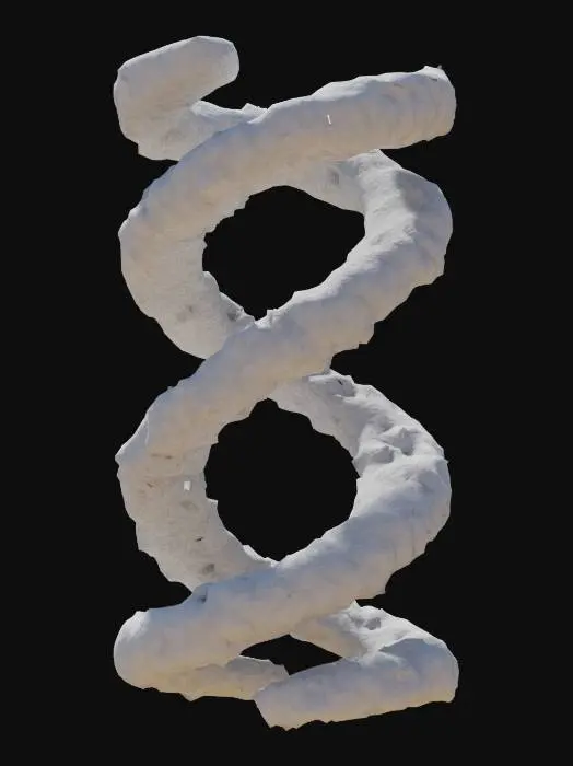 3D model for A structure similar to DNA, only more complex, twisted multiple times. Viewed from the front and back, it forms an eight in profile. From other angles, only an indefinable jumble of individual DNA strands can be seen.
