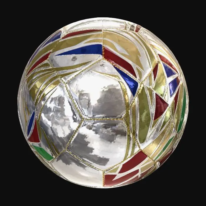 3D model for A premium FIFA World Cup soccer ball, featuring a classic 32-panel structure of fine white synthetic leather. Its surface boasts a smooth yet durable texture, with visible, high-quality, precise stitching holding each panel together. The ball is adorned with elegant gold, red, blue, and green geometric decorations, subtly integrated. It possesses a high-gloss finish, exuding a luxurious and celebratory feel, ready for a high-stakes match.