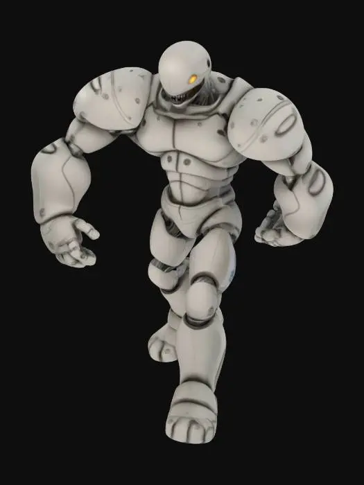 3D model for 3D render, a giant, smooth, matte grey humanoid figure composed of simple cylindrical shapes, posed to strike. In its hand, it grips a smaller, identical figure, using it as a weapon. Studio lighting, neutral background, physically based rendering.