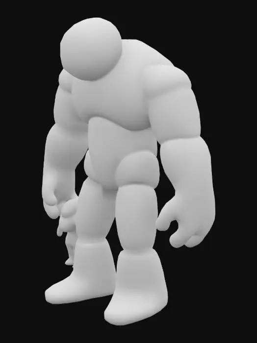 3D model for 3D render, a giant, smooth, evil black colored humanoid figure composed of simple cylindrical shapes, posed to strike. In its hand, it grips a smaller, identical figure, using it as a weapon. Studio lighting, neutral background, physically based rendering. Red Eyes.