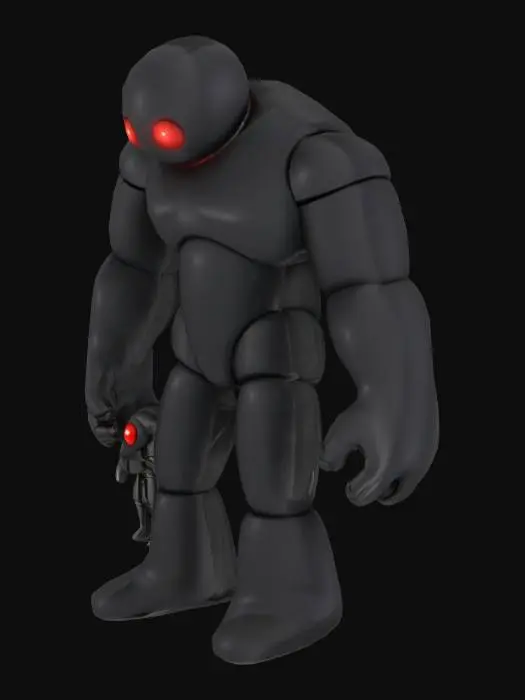3D model for 3D render, a giant, smooth, evil black colored humanoid figure composed of simple cylindrical shapes, posed to strike. In its hand, it grips a smaller, identical figure, using it as a weapon. Studio lighting, neutral background, physically based rendering. Red Eyes.