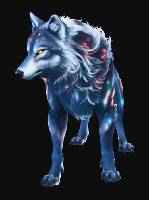 3D model for An epic spiritual wolf, its colossal, muscular body forged from swirling nebulae and crystalline stardust, giving it an ethereal yet powerfully defined form. Its magnificent fur appears as a dynamic tapestry of shimmering silver, deep indigo, and electric blue, flowing like cosmic currents and radiating a soft, cool glow. Fierce, ancient eyes burn with an intense inner luminescence, reflecting profound wisdom and untamed strength. Its texture feels both intangible and substantial, a truly majestic spirit.