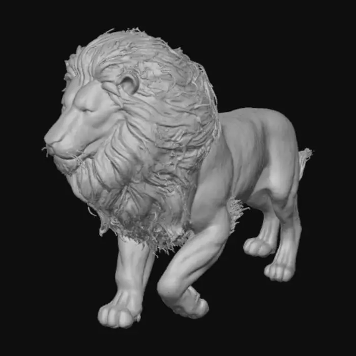 3D model for A majestic spiritual lion, its powerful body composed of swirling golden light and translucent, shimmering mist. Its magnificent mane is a halo of softly glowing energy, giving it a flowing, ethereal texture that shifts gently. Its form is defined by elegant, strong musculature, appearing both solid and intangible. Piercing eyes glow with an inner, serene amber light, reflecting ancient wisdom. Its presence radiates a warm, comforting luminescence, moving with profound, silent grace.