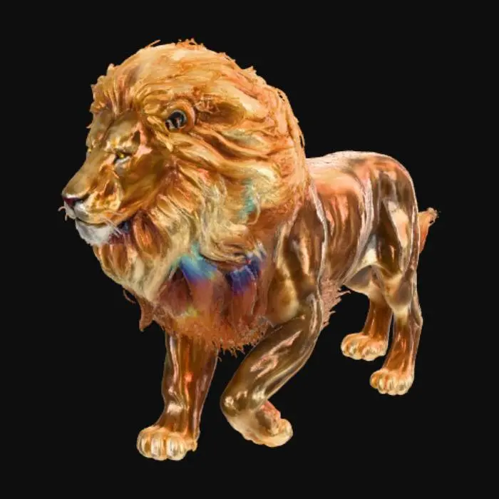 3D model for A majestic spiritual lion, its powerful body composed of swirling golden light and translucent, shimmering mist. Its magnificent mane is a halo of softly glowing energy, giving it a flowing, ethereal texture that shifts gently. Its form is defined by elegant, strong musculature, appearing both solid and intangible. Piercing eyes glow with an inner, serene amber light, reflecting ancient wisdom. Its presence radiates a warm, comforting luminescence, moving with profound, silent grace.