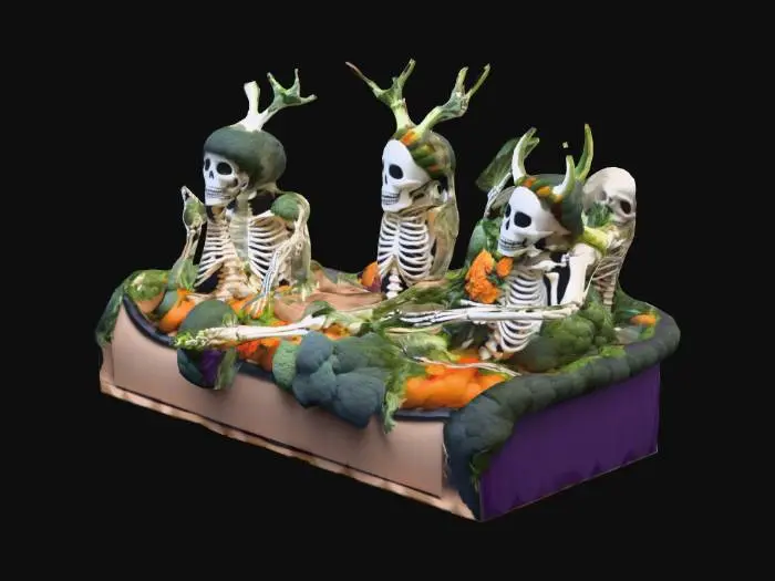 3D model for A spooky parade float featuring skeletons dressed up as forgotten or rejected holidays. These skeletal figures are over-the-top and marching proudly like a Día de los Muertos meets Macy’s Parade fever dream.

Examples:

A skeleton dressed as “National Broccoli Day,” wearing a giant broccoli crown.

“Shirtless Viking Appreciation Week” skeleton swinging a foam axe.

“Bring Your Pet Tarantula to Work Day” skeleton covered in fake spiders.

Design: Float is dragged by zombie reindeer with pumpkin helmets., #Halloween2025#