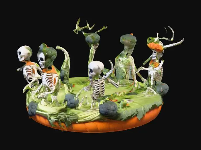 3D model for A spooky parade float featuring skeletons dressed up as forgotten or rejected holidays. These skeletal figures are over-the-top and marching proudly like a Día de los Muertos meets Macy’s Parade fever dream.

Examples:

A skeleton dressed as “National Broccoli Day,” wearing a giant broccoli crown.

“Shirtless Viking Appreciation Week” skeleton swinging a foam axe.

“Bring Your Pet Tarantula to Work Day” skeleton covered in fake spiders.

Design: Float is dragged by zombie reindeer with pumpkin helmets., #Halloween2025#