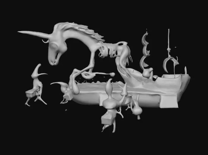 3D model for Concept:
A surreal outdoor scene full of defunct, half-rotten Halloween parade floats that have gained sentience after decades of abandonment. Some floats whisper forgotten songs. Others drag themselves with squeaky wheels through fog.

Details:

A giant skeletal unicorn float missing an eye, stuffed with old candy wrappers and creaky animatronics that randomly twitch.

A jack-o'-lantern pirate ship with tattered sails made of stitched-together candy bags, manned by crow skeletons with party hats.

Rusty instruments from the ghost marching band float still play out of tune by themselves at midnight.

Graffiti reads: “LONG LIVE THE GUMDROP KING.”, #Halloween2025#