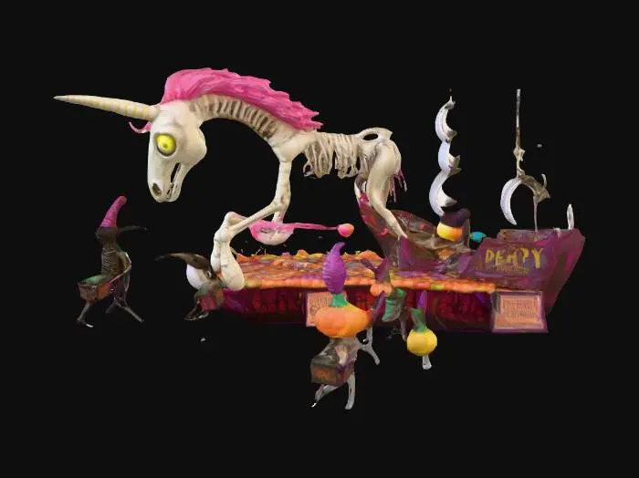 3D model for Concept:
A surreal outdoor scene full of defunct, half-rotten Halloween parade floats that have gained sentience after decades of abandonment. Some floats whisper forgotten songs. Others drag themselves with squeaky wheels through fog.

Details:

A giant skeletal unicorn float missing an eye, stuffed with old candy wrappers and creaky animatronics that randomly twitch.

A jack-o'-lantern pirate ship with tattered sails made of stitched-together candy bags, manned by crow skeletons with party hats.

Rusty instruments from the ghost marching band float still play out of tune by themselves at midnight.

Graffiti reads: “LONG LIVE THE GUMDROP KING.”, #Halloween2025#