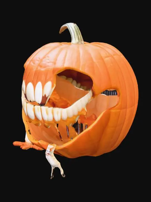 3D model for A giant pumpkin with a gaping, tooth-filled mouth — but the teeth are ALL wrong. They're human teeth, candy teeth, shark teeth, and even tiny baby doll legs.

Interior: It’s a dental office for jack-o’-lanterns! The dentist is a worm in a lab coat.

Details:

A tiny drill made of a peppermint stick.

X-rays showing seeds instead of teeth.

"Before and after" charts showing rotted pumpkin faces with braces., #Halloween2025#