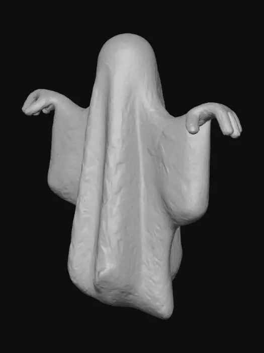 3D model for A translucent digital ghost formed from glitchy, pixelated meme faces (e.g., Wojak, Doge, Rage Comic). The ghost flickers like a CRT screen with glowing scanlines and VHS static. Its face morphs between low-resolution expressions, and the body is semi-transparent with digital distortions. The arms trail off into glitch effects, emitting binary code particles. The base is cyberspace-themed with floating emojis and broken browser windows. Use semi-transparent glassy shaders for the body, with noise and scanline overlays.