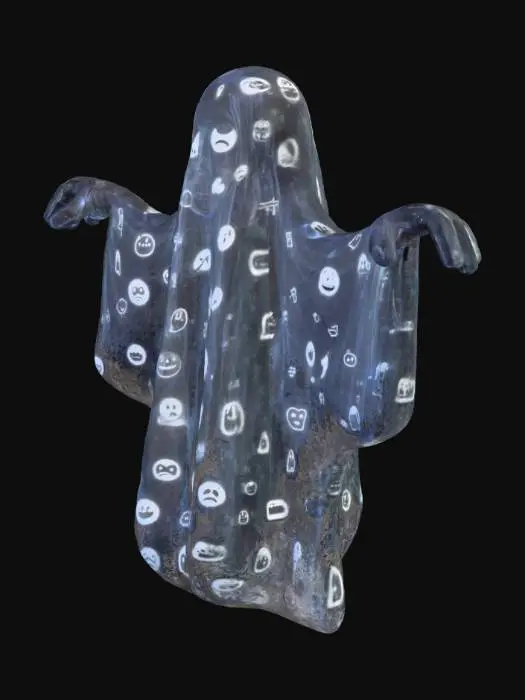 3D model for A translucent digital ghost formed from glitchy, pixelated meme faces (e.g., Wojak, Doge, Rage Comic). The ghost flickers like a CRT screen with glowing scanlines and VHS static. Its face morphs between low-resolution expressions, and the body is semi-transparent with digital distortions. The arms trail off into glitch effects, emitting binary code particles. The base is cyberspace-themed with floating emojis and broken browser windows. Use semi-transparent glassy shaders for the body, with noise and scanline overlays.