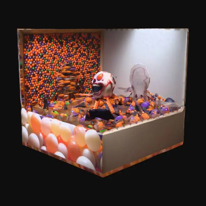 3D model for A Halloween spin on a kids’ ball pit — except instead of plastic balls, it’s filled with hundreds of realistic, twitching eyeballs. The eyeballs blink, roll, and occasionally look back at you. Floating above it is a creepy clown octopus hybrid dangling eyeball lollipops from its tentacles.

Walls: Made of stitched flesh-colored fabric like a monster’s stitched skin.

Motion: Some eyeballs are animatronic, programmed to "follow" viewers.

Funny detail: One of the eyes wears glasses and reads a tiny book., #Halloween2025#