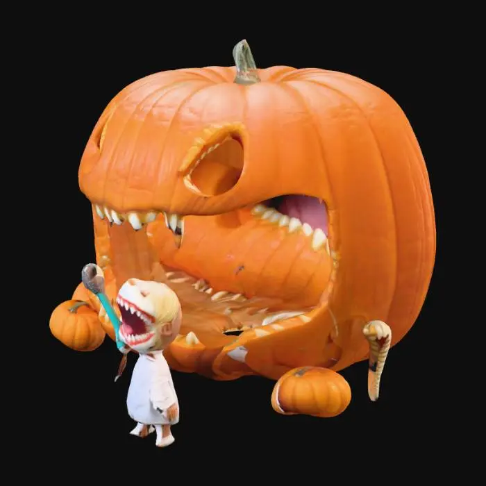 3D model for A giant pumpkin with a gaping, tooth-filled mouth — but the teeth are ALL wrong. They're human teeth, candy teeth, shark teeth, and even tiny baby doll legs.

Interior: It’s a dental office for jack-o’-lanterns! The dentist is a worm in a lab coat.

Details:

A tiny drill made of a peppermint stick.

X-rays showing seeds instead of teeth.

"Before and after" charts showing rotted pumpkin faces with braces., #Halloween2025#