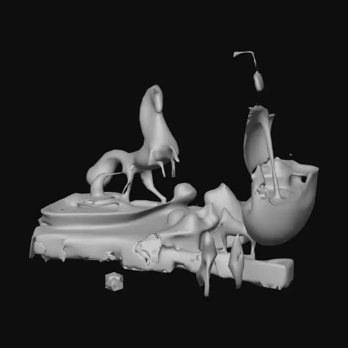 3D model for Concept:
A surreal outdoor scene full of defunct, half-rotten Halloween parade floats that have gained sentience after decades of abandonment. Some floats whisper forgotten songs. Others drag themselves with squeaky wheels through fog.

Details:

A giant skeletal unicorn float missing an eye, stuffed with old candy wrappers and creaky animatronics that randomly twitch.

A jack-o'-lantern pirate ship with tattered sails made of stitched-together candy bags, manned by crow skeletons with party hats.

Rusty instruments from the ghost marching band float still play out of tune by themselves at midnight.

Graffiti reads: “LONG LIVE THE GUMDROP KING.”, #Halloween2025#