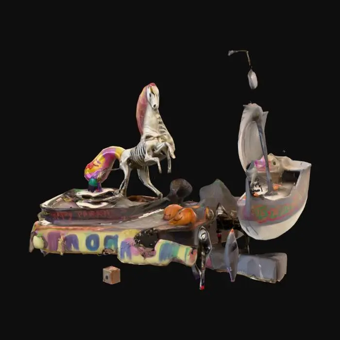 3D model for Concept:
A surreal outdoor scene full of defunct, half-rotten Halloween parade floats that have gained sentience after decades of abandonment. Some floats whisper forgotten songs. Others drag themselves with squeaky wheels through fog.

Details:

A giant skeletal unicorn float missing an eye, stuffed with old candy wrappers and creaky animatronics that randomly twitch.

A jack-o'-lantern pirate ship with tattered sails made of stitched-together candy bags, manned by crow skeletons with party hats.

Rusty instruments from the ghost marching band float still play out of tune by themselves at midnight.

Graffiti reads: “LONG LIVE THE GUMDROP KING.”, #Halloween2025#