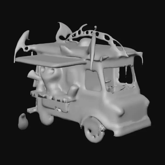 3D model for A half food truck, half demonic cauldron that rolls through neighborhoods giving out spooky soups like “Cream of Screams” and “Ghoulash.” Run by a sweet but clearly undead grandma with bony hands and pearl earrings.
Exterior Details:
Steam shaped like screaming faces constantly leaks from the roof.
The truck is decorated like a gingerbread house but with bones for trim.
A menu board reads:
“Today’s Special: Toe-nailed Tomato Bisque”
“No bones about it – our broth bites back!”
Interior Details:
Cabinets full of labeled jars: "Whispering Basil", "Cursed Croutons", "Sorrow Salt".
A stirring ladle made from a femur with a silver soup spoon welded to the end.
A soup-tasting rat in a chef’s hat who critiques every batch with tiny cue cards., #Halloween2025#