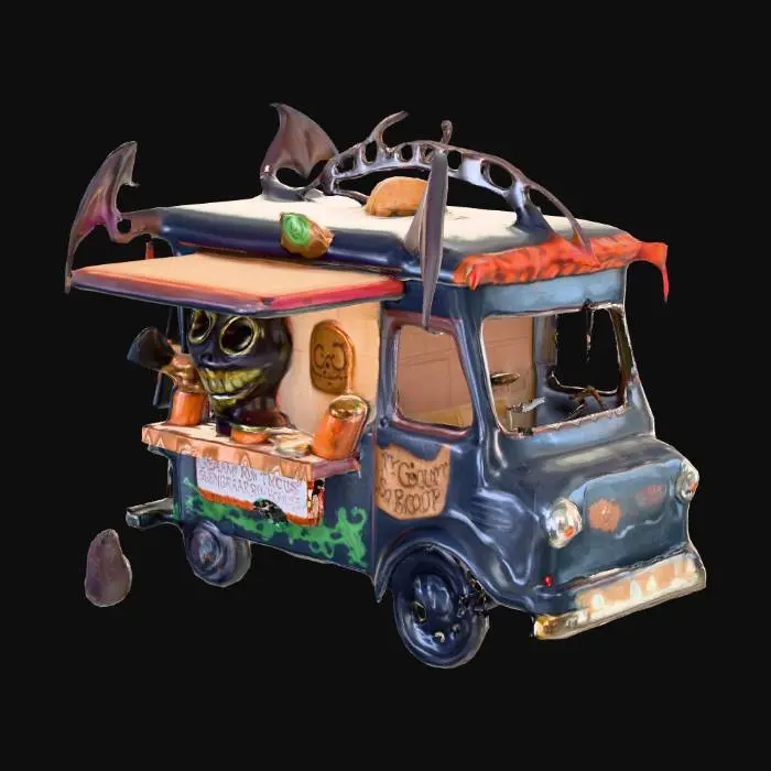 3D model for A half food truck, half demonic cauldron that rolls through neighborhoods giving out spooky soups like “Cream of Screams” and “Ghoulash.” Run by a sweet but clearly undead grandma with bony hands and pearl earrings.
Exterior Details:
Steam shaped like screaming faces constantly leaks from the roof.
The truck is decorated like a gingerbread house but with bones for trim.
A menu board reads:
“Today’s Special: Toe-nailed Tomato Bisque”
“No bones about it – our broth bites back!”
Interior Details:
Cabinets full of labeled jars: "Whispering Basil", "Cursed Croutons", "Sorrow Salt".
A stirring ladle made from a femur with a silver soup spoon welded to the end.
A soup-tasting rat in a chef’s hat who critiques every batch with tiny cue cards., #Halloween2025#