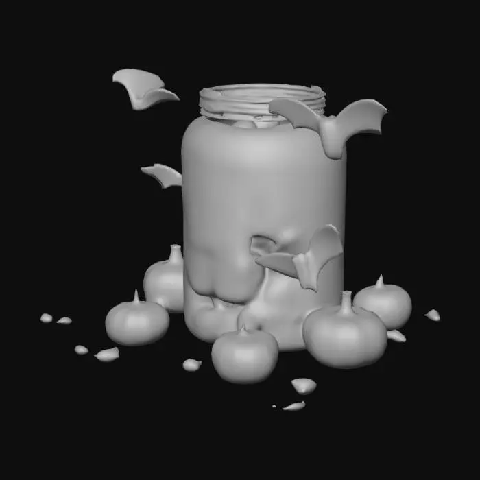 3D model for A cracked glass jar filled with desiccated, moth-shaped marshmallows that twitch occasionally as if alive. Each one has tiny paper wings painted with faded Halloween patterns — ghosts, pumpkins, bats.

Effect: Opening the jar releases a swarm of faintly glowing “moths” that flutter around the listener’s head, whispering in soft childlike voices. They repeat things the listener said years ago — usually things better forgotten.

Origin: Found wedged beneath a collapsed float called “The Midnight Candy Camp.” Its label reads: “For emergency sweetness only.”, #Halloween2025#