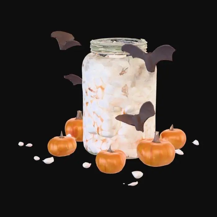 3D model for A cracked glass jar filled with desiccated, moth-shaped marshmallows that twitch occasionally as if alive. Each one has tiny paper wings painted with faded Halloween patterns — ghosts, pumpkins, bats.

Effect: Opening the jar releases a swarm of faintly glowing “moths” that flutter around the listener’s head, whispering in soft childlike voices. They repeat things the listener said years ago — usually things better forgotten.

Origin: Found wedged beneath a collapsed float called “The Midnight Candy Camp.” Its label reads: “For emergency sweetness only.”, #Halloween2025#