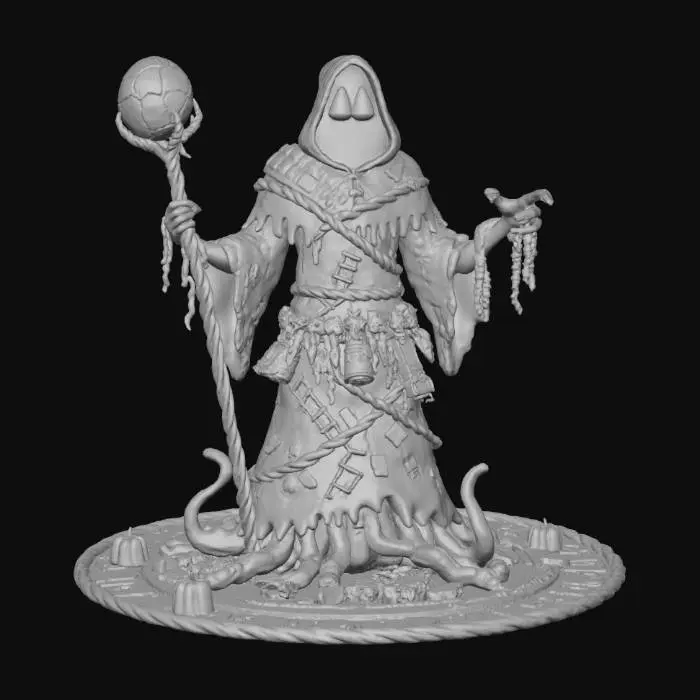 3D model for A candy cultist with a gooey caramel robe made of chocolate and nougat, stitched with licorice ropes. The hooded figure has glowing candy corn eyes, and arms made of twisted candy canes, with gummy worm fingers. It holds a ritual staff topped with a cracked jawbreaker orb. Around the waist, jellybean charms and taffy scrolls dangle. Rainbow gummy tentacles slither out from under the robe. The base is a ritual circle of glowing peppermint sticks, runes in icing, and piles of Halloween candies. Use glossy, shiny candy textures with slight translucency for gummies