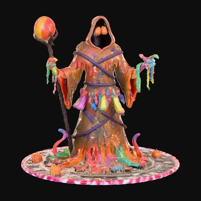 3D model for A candy cultist with a gooey caramel robe made of chocolate and nougat, stitched with licorice ropes. The hooded figure has glowing candy corn eyes, and arms made of twisted candy canes, with gummy worm fingers. It holds a ritual staff topped with a cracked jawbreaker orb. Around the waist, jellybean charms and taffy scrolls dangle. Rainbow gummy tentacles slither out from under the robe. The base is a ritual circle of glowing peppermint sticks, runes in icing, and piles of Halloween candies. Use glossy, shiny candy textures with slight translucency for gummies
