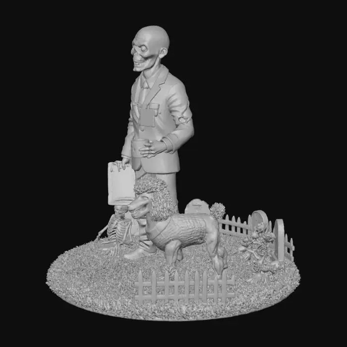 3D model for A zombie HOA president in a blood-stained suit, crooked tie, and name badge reading 'HOA President'. The zombie has decaying green skin, with one eye hanging out and mouth stitched shut. He holds a clipboard with a lawn violation form and a cracked coffee mug. Beside him is a zombie poodle in a pink sweater. The base features a suburban lawn with gravestones, a white picket fence, and a plastic skeleton decoration. Use fabric textures for the suit, rough decaying skin, and matte plastic for the suburban props