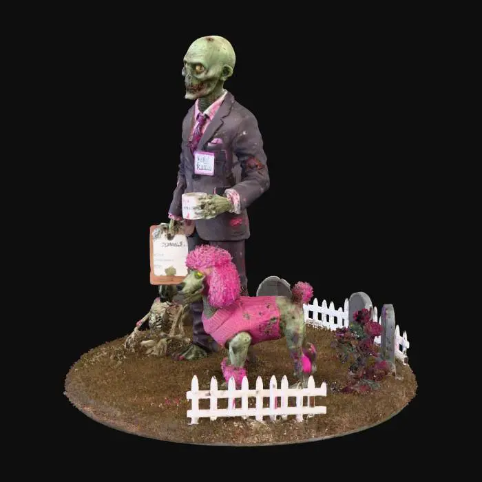 3D model for A zombie HOA president in a blood-stained suit, crooked tie, and name badge reading 'HOA President'. The zombie has decaying green skin, with one eye hanging out and mouth stitched shut. He holds a clipboard with a lawn violation form and a cracked coffee mug. Beside him is a zombie poodle in a pink sweater. The base features a suburban lawn with gravestones, a white picket fence, and a plastic skeleton decoration. Use fabric textures for the suit, rough decaying skin, and matte plastic for the suburban props