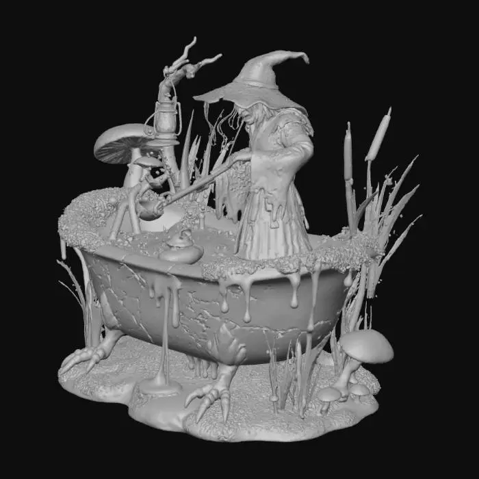 3D model for A swamp witch in a sentient clawfoot bathtub with iron legs. The tub is cracked porcelain with moss and algae. Inside, the witch stirs a glowing green potion with a bone ladle. The potion bubbles with floating bones, eyeballs, and a rubber duck wearing a witch hat. The tub overflows, and goo drips down the sides. The robe is patchy with spiderwebs. The base is a foggy swamp with mushrooms, cattails, and a flickering lantern. Use glossy ceramic for the tub, glowing liquid for the potion, and soft moss textures for the exterior